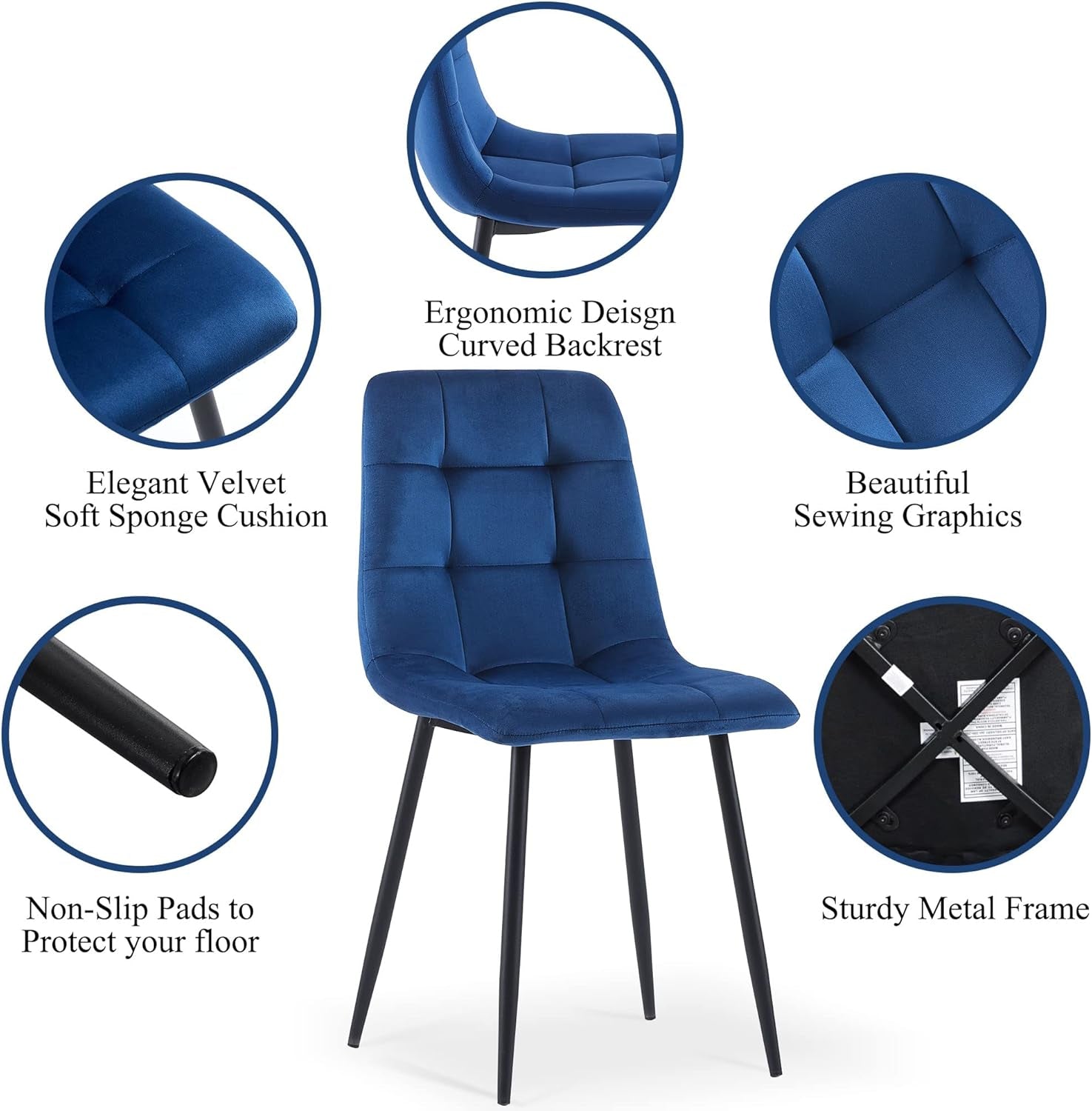 Navy Blue Velvet Dinner Chairs Set of 4, Modern Armless Biscuit Tufted Dining Side Chairs with Metal Legs for Kitchen Living Room Vanity-3