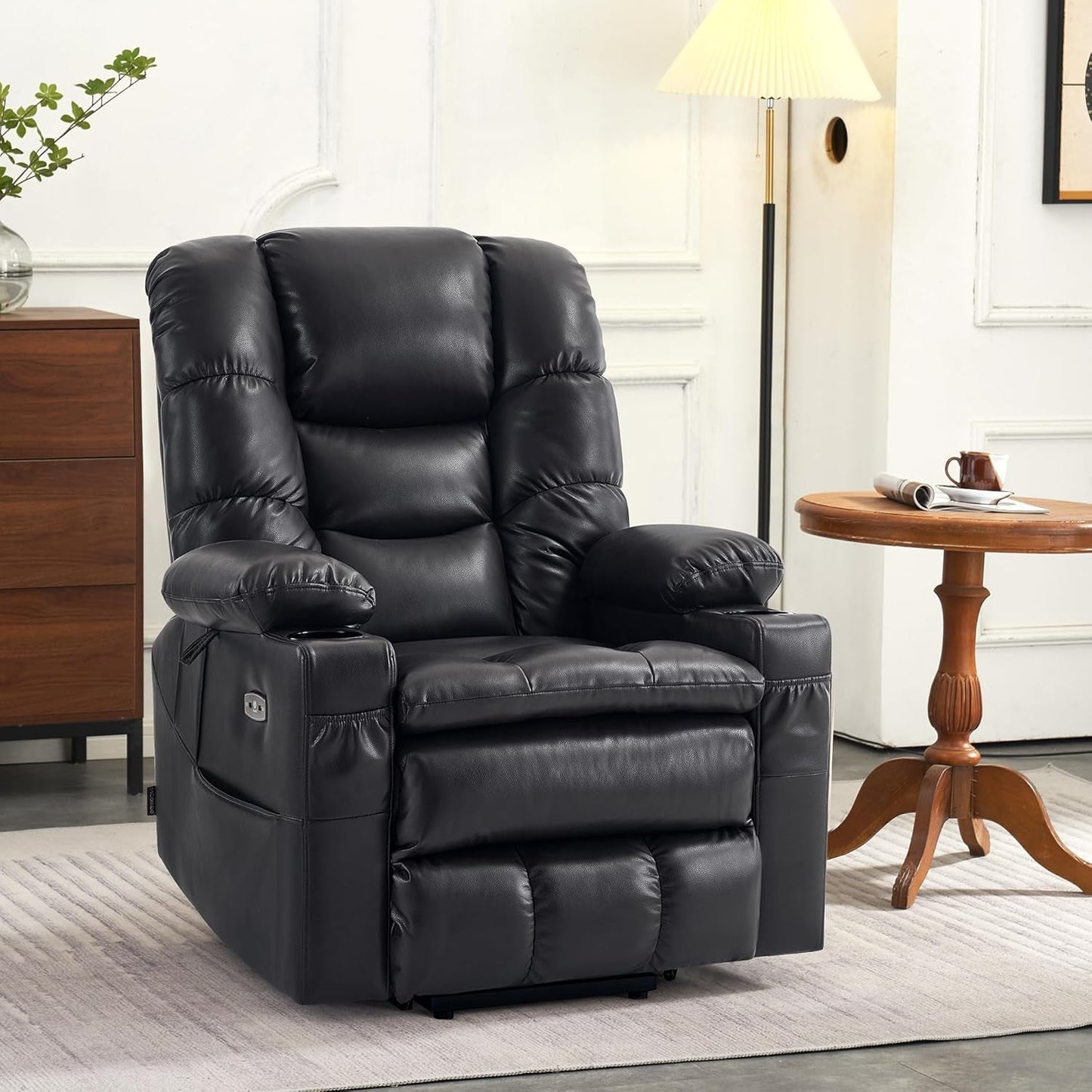 Dual Motor Power Lift Recliner Chair with Massage and Dual Heating, Adjustable Headrest for Big and Tall Elderly People, Faux Leather 7634 (Black, Large-Regular)-1