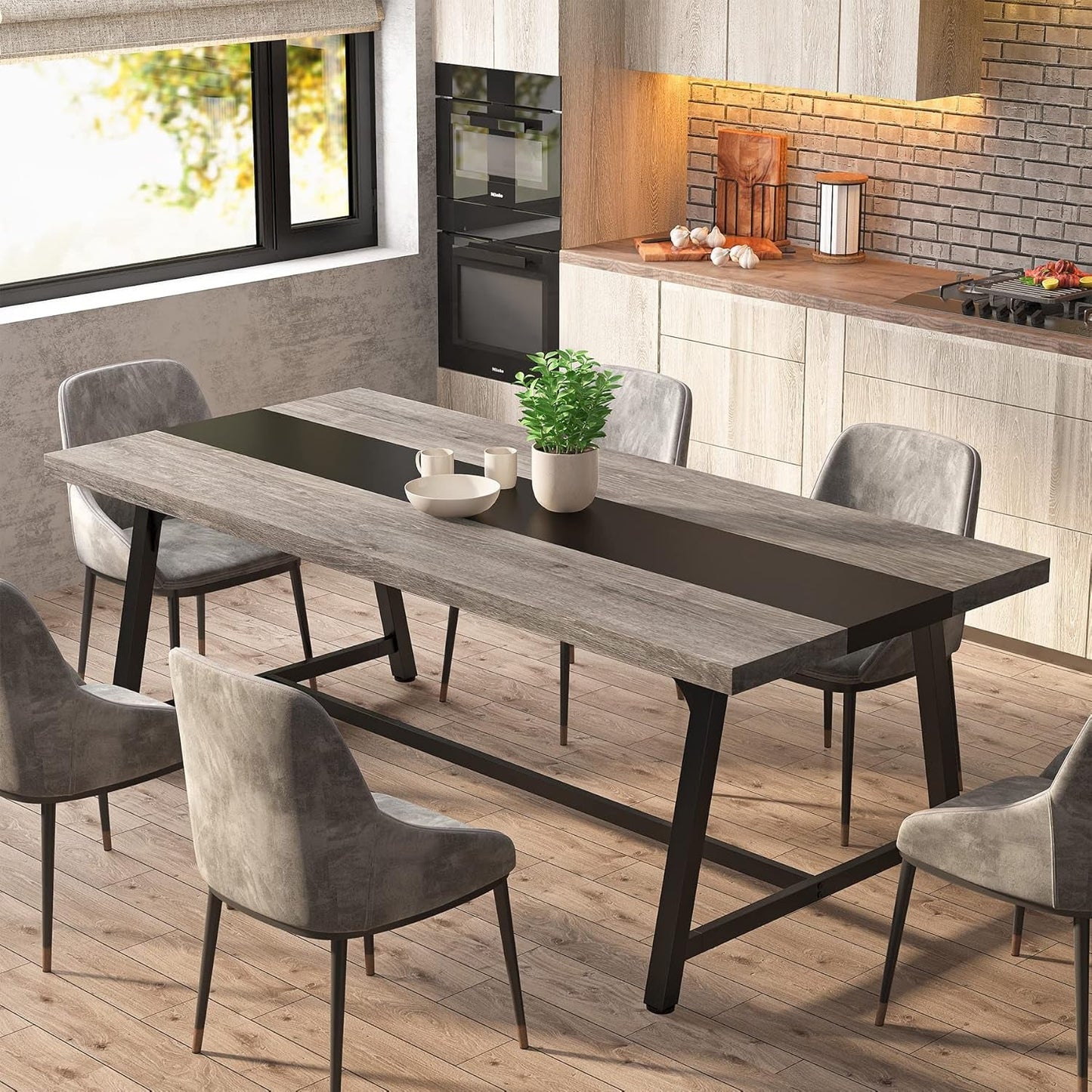 Dining Table for 8 People, 70.87-Inch Rectangular Wood Kitchen Table with Strong Metal Frame, Industrial Large Long Dining Room Table for Big Family (Gray, No Chair)-2