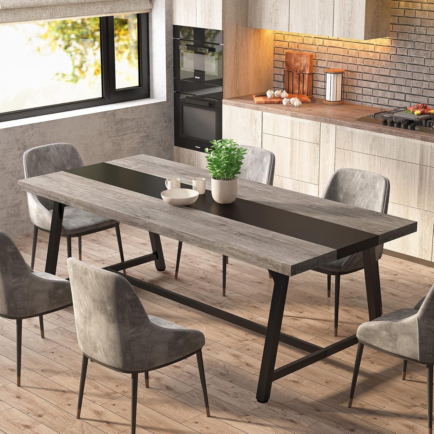 Dining Table for 8 People, 70.87-Inch Rectangular Wood Kitchen Table with Strong Metal Frame, Industrial Large Long Dining Room Table for Big Family (Gray, No Chair)-2