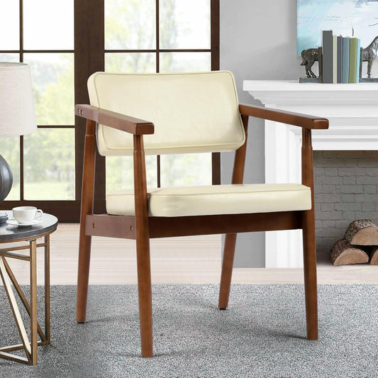 Mid Century Dining Chairs with Wooden Handrail, Beige Fabric Upholstered Faux Leather Armchair Comfy Backrest Modern Kitchen Chairs for Bedroom Living Room Dining Room, Set of 1-0