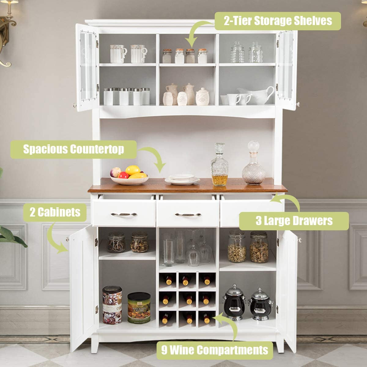 White Kitchen Hutch Sideboard with Wine Bottle Modulars-3