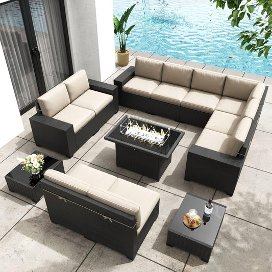 Patio Furniture Set with Fire Pit Table, 13 Pieces Outdoor All-Weather Wicker Conversation Sectional Chair Sofa Set-0
