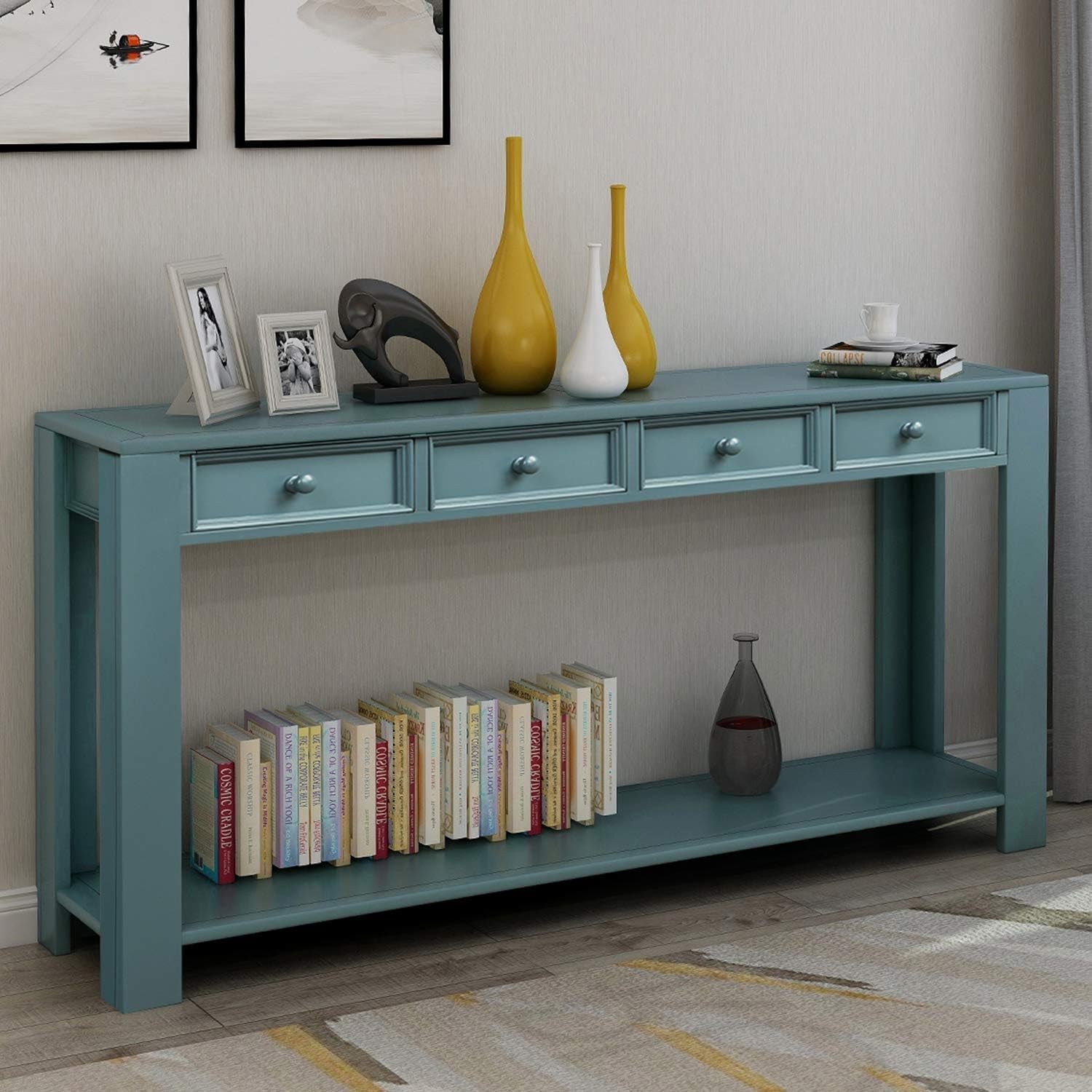 Easy Assembly Blue Console Table with Drawers-1