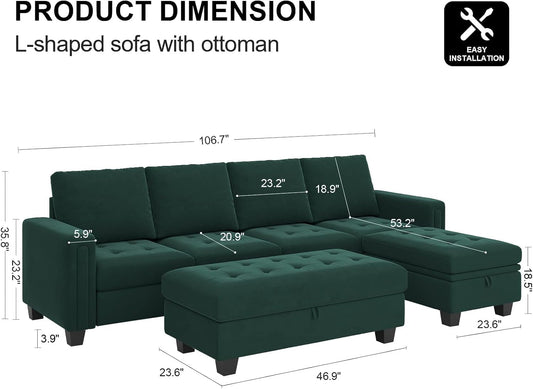 Velvet Convertible 4-Seat Sectional Sofa with Reversible Chaise L Shaped Sofa Couch Furniture Sets Sectional Couch with Storage Ottoman Green-1
