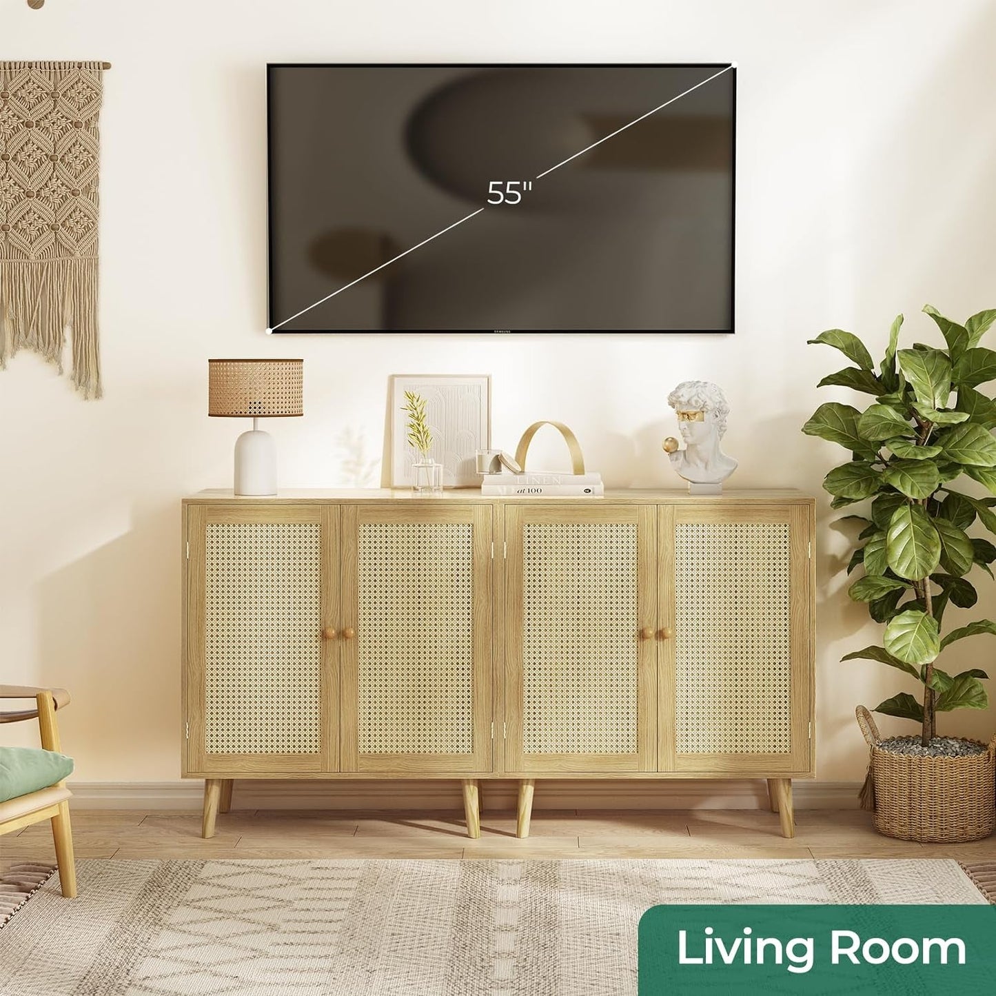 Buffet Cabinet with Storage, Storage Cabinet with PE Rattan Decor Doors, Accent Cabinet with Solid Wood Feet, Sideboard Cabinet for Hallway, Entry, Living Room, Natural-1