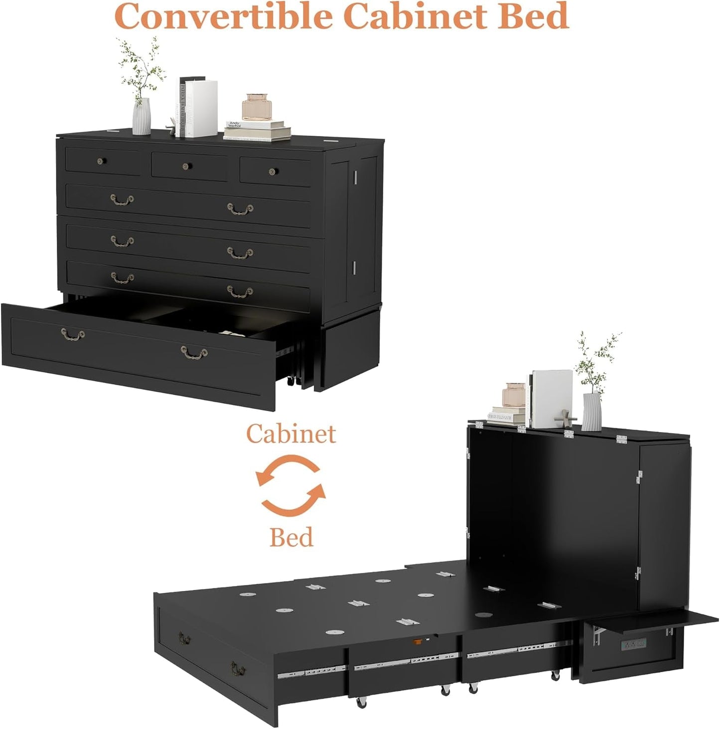 Queen Murphy Bed Cabinet with Charging Station and Drawers-3