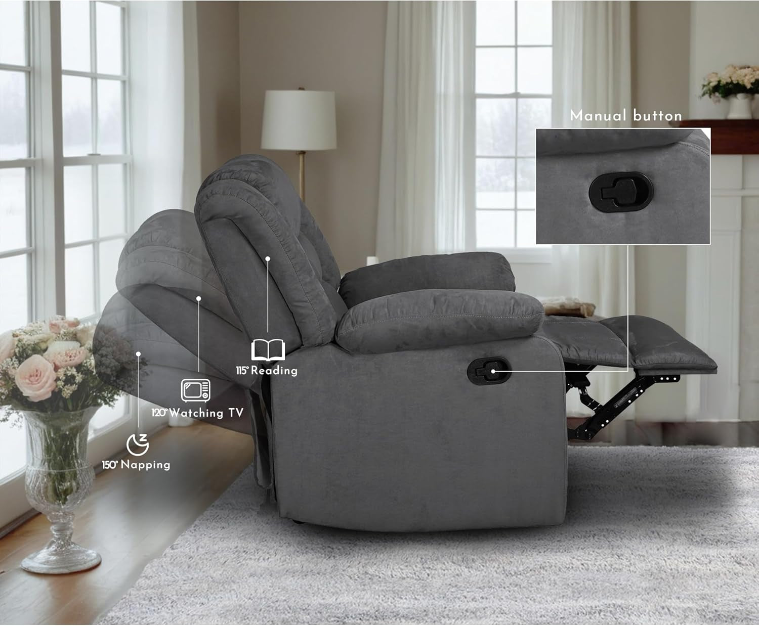 Recliner Sofa Set, Microfiber Manual Reclining Couch Set, 3 Piece Recliner Set with Loveseat, Dropdown Table& Cup Holders, Living Room/Office/Theater Seating (Gray)-2