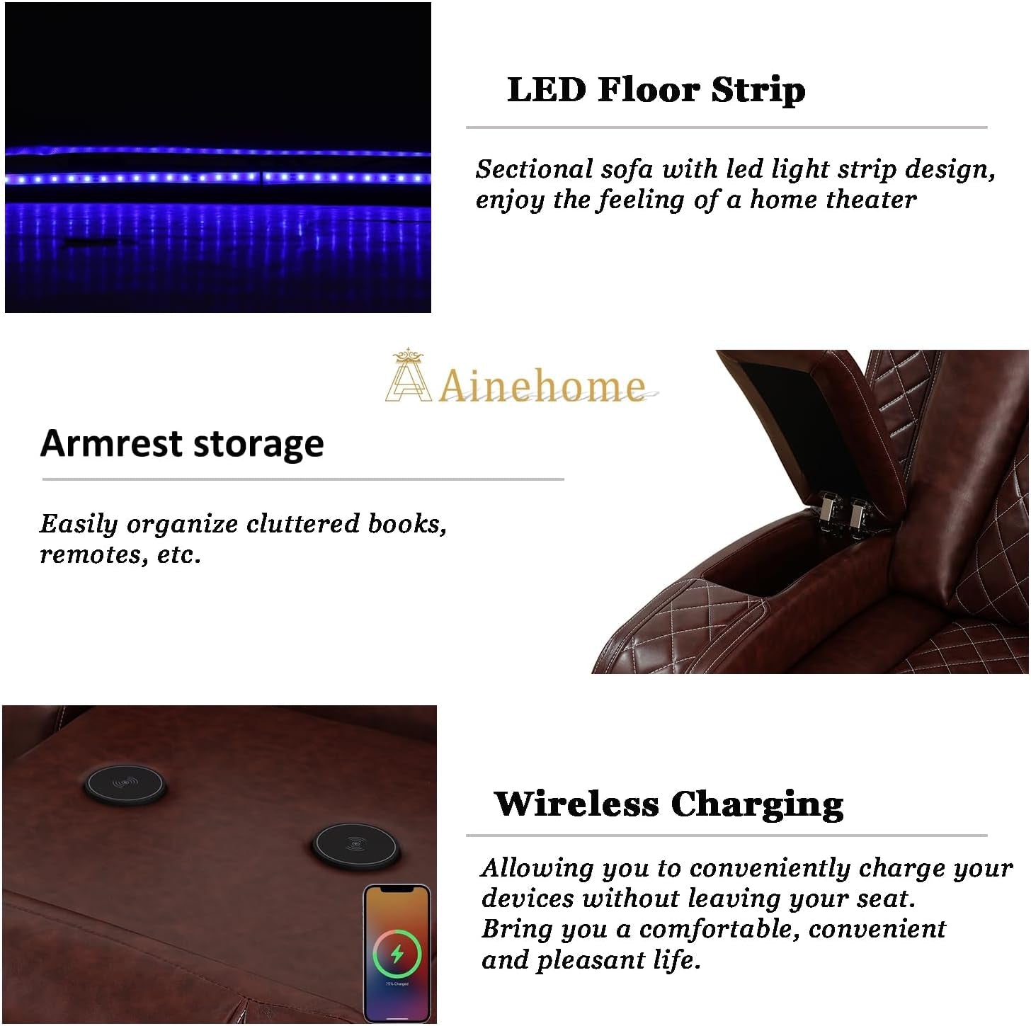 Luxury Living Room Furniture Sets Power Recliner Sectional Sofa Recliner Couch Set Recliner Leather Couch and Recliner Set Loveseat Chair for House/Office/Theater Seating(A-Brown)-2