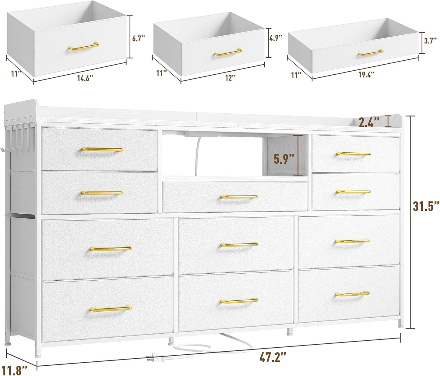 Dresser for Bedroom with 11 Drawers for 60" TV Stand for Bedroom with LED Lights & Charging Station Long Dresser with Shelves & 4 Hooks Sturdy Metal Frame & Fabric Drawers (White)-2