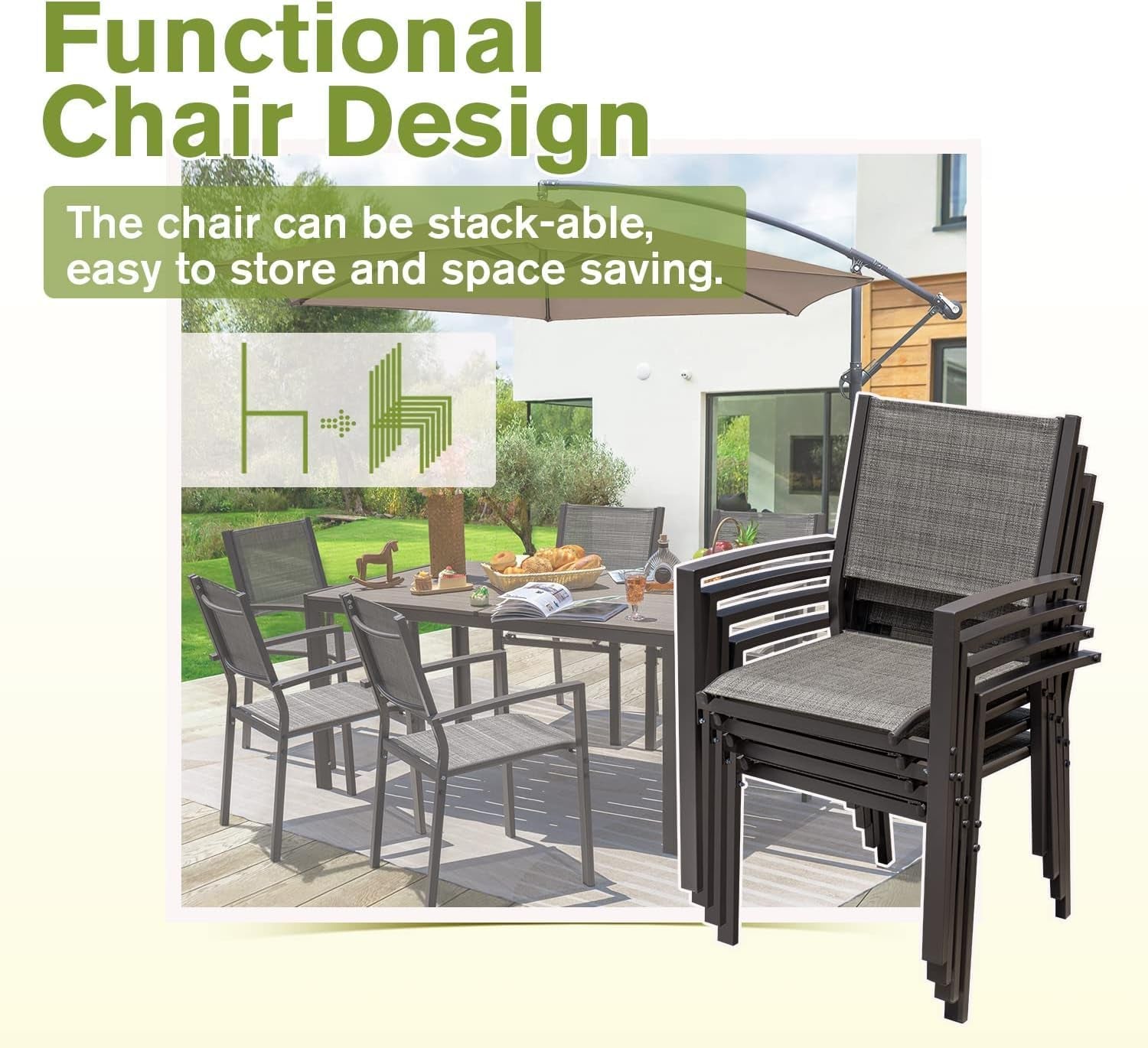 Patio Dining Set 7 Pieces Outdoor Furniture Table and 6 Textilene Chairs, Light Grey-4