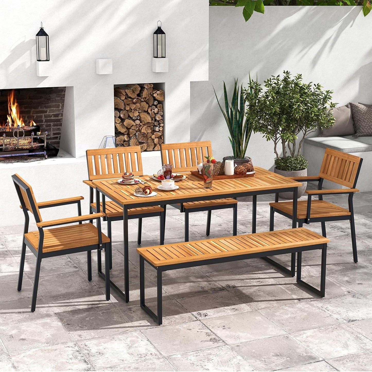 6 Pieces Outdoor Acacia Wood Dining Set, Patio Table and Chairs Set with Bench for 6-7 People, Outdoor Dining Furniture Set with 2" Umbrella Hole for Garden, Backyard and Poolside-2