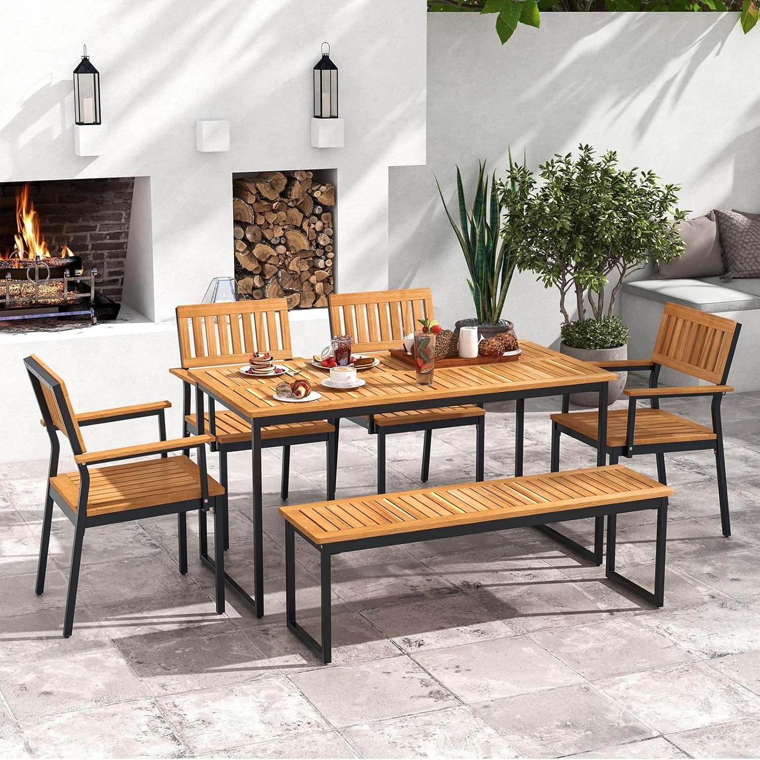 6 Pieces Outdoor Acacia Wood Dining Set, Patio Table and Chairs Set with Bench for 6-7 People, Outdoor Dining Furniture Set with 2" Umbrella Hole for Garden, Backyard and Poolside-2