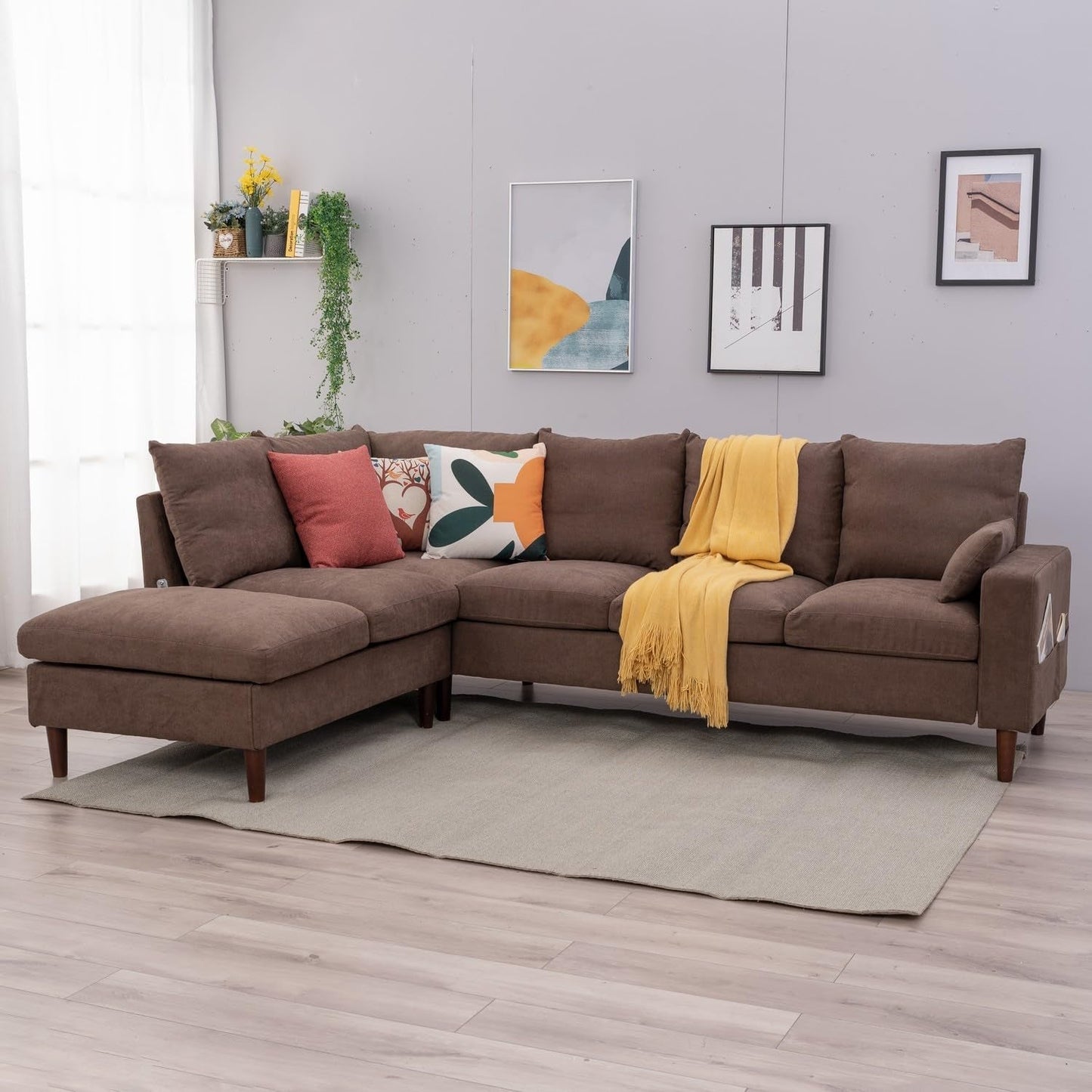 Sectional Sofa Living Room Furniture Set L Shape Couch Linen Fabric for Home Room Decor Bedroom,3 Seater Left Facing Chaise (Brown, 6 Seater Corner with Bulit-In USB Chaise)-3