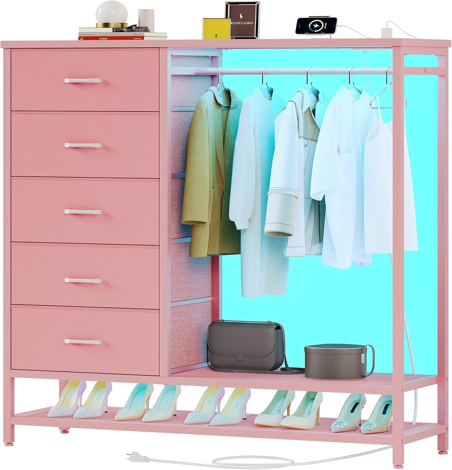 Dresser for Bedroom, Dresser with Hanging Rack Led Lights and Charging Station, Tall Dresser with 5 Fabric Chest of Drawers with PU Finish Storage Organizer, for Living Room Kids Room Closet, Pink-0