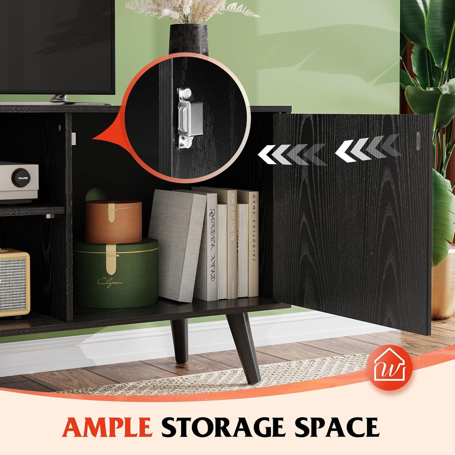 TV Stand for 55 Inch Tvs, Entertainment Center with Storage Cabinet, Mid-Century TV Stands for Living Room and Bedroom, 50" TV Console, Black-2