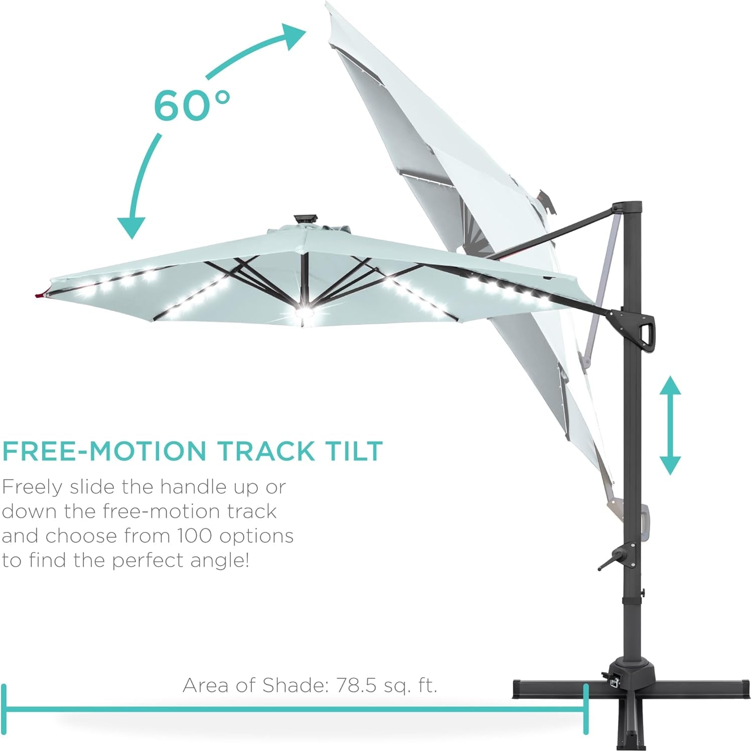 10Ft Solar LED Cantilever Patio Umbrella, 360-Degree Rotation Hanging Offset Market Outdoor Sun Shade for Backyard, Deck, Poolside W/Lights, Easy Tilt, Cross Base-4