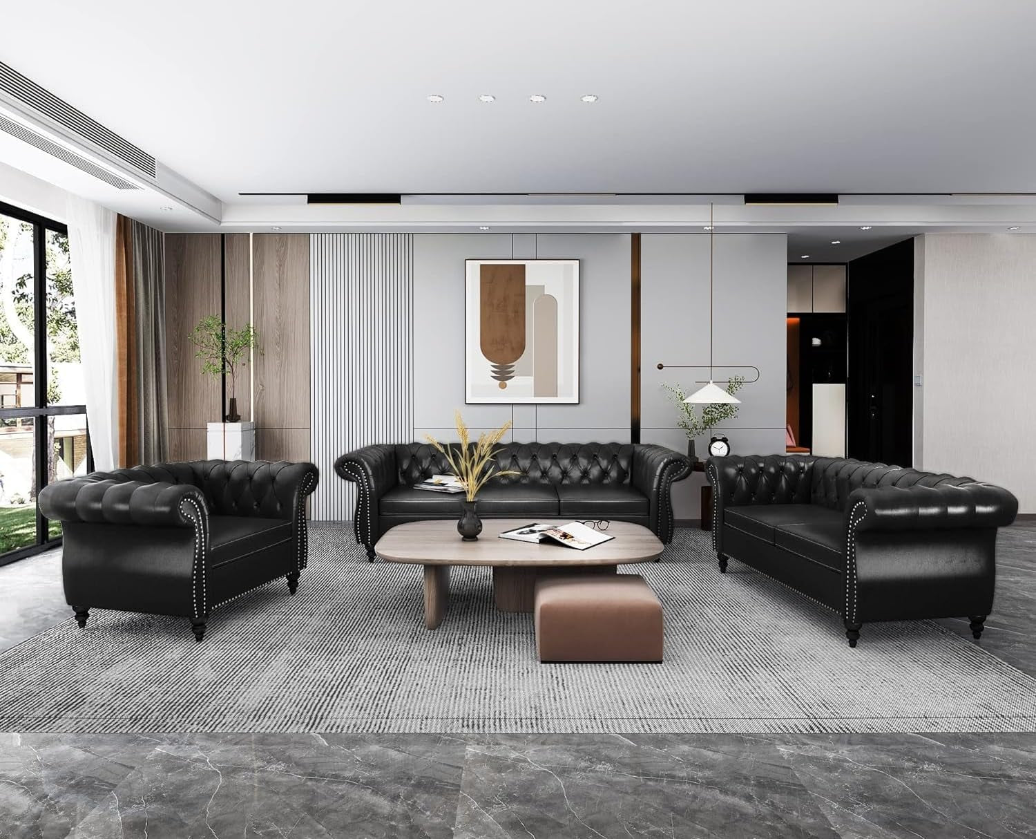 3-Piece Living Room Sectional Sofa Set, Upholstered Sofa Modern Sofa Couches Set Style Button Tufted, PU Chesterfield Sofa for Living Room Apartment, 1+2+3 Seat PU Black-0