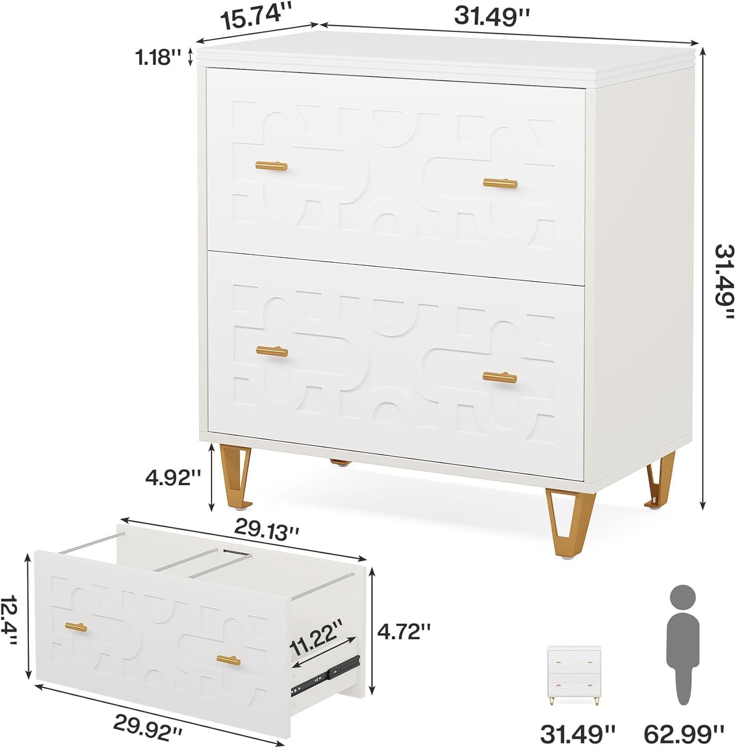 2-Drawer Lateral File Cabinet, Modern White Filing Cabinet for Legal/Letter/A4 Size, Large Storage Filing Cabinet Printer Stand for Home Office, White and Gold-1