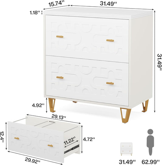 2-Drawer Lateral File Cabinet, Modern White Filing Cabinet for Legal/Letter/A4 Size, Large Storage Filing Cabinet Printer Stand for Home Office, White and Gold-1