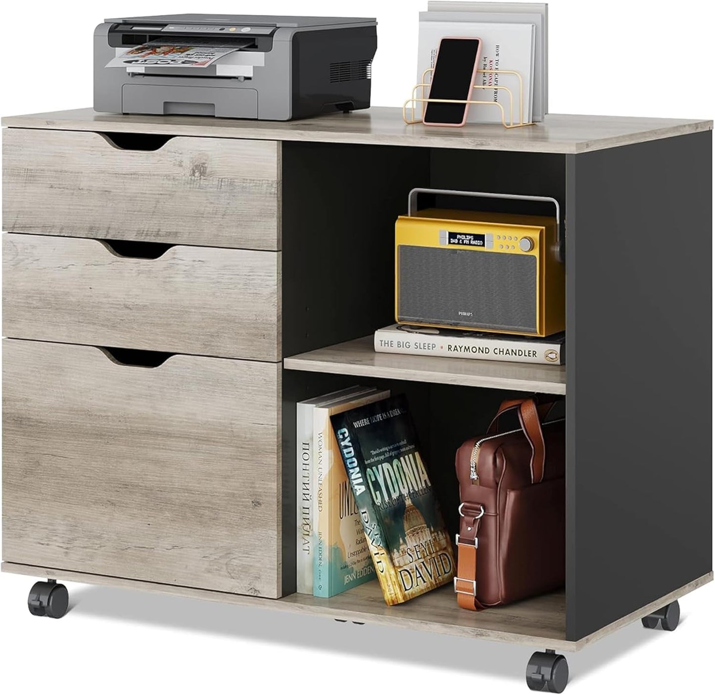 3-Drawer Wood File Cabinet, Mobile Lateral Filing Cabinet, Printer Stand with Open Storage Shelves for Home Office, Greige-0