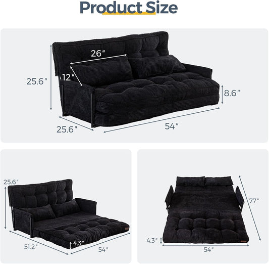 Adjustable Floor Sofa Couch with 2 Pillows, Multi-Functional Bean Bag Bed, 5-Position Foldable Lazy Sofa Sleeper Bed with Armrest, Versatile Floor Seating Sofa for Reading, Black, Double-1