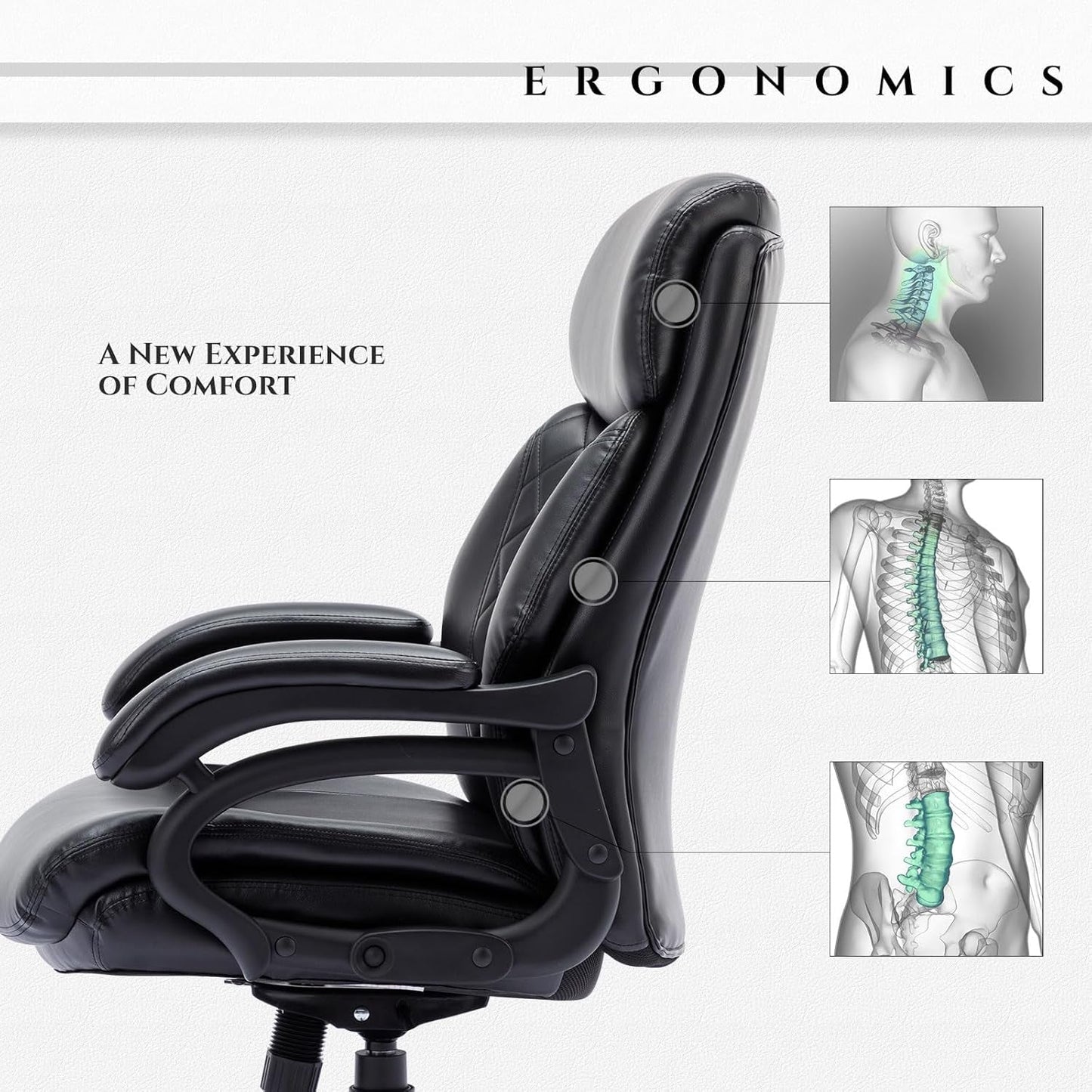 Big and Tall Office Chair 400Lbs-Heavy Duty Executive Desk Chair with Extra Wide Seat, High Back Ergonomic Leather Computer Chair with Tilt Rock&Tension, Padded Armrests-Black-3