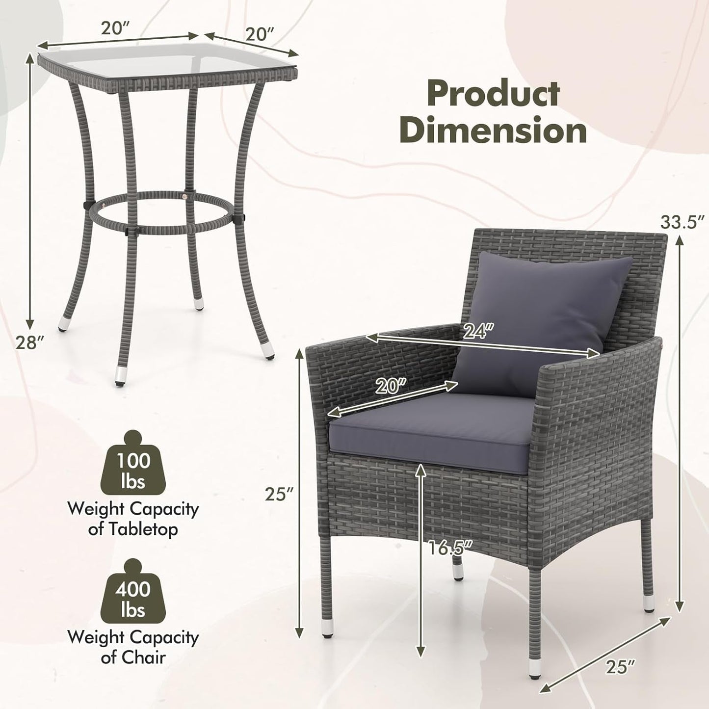 3-Piece Patio Furniture Set, PE Wicker Conversation Bistro Set W/A Tempered Glass Table & 2 Cushioned Chairs, Outdoor Table & Chairs Set for Patio Porch Yard Garden (Mix Gray+Grey)-3