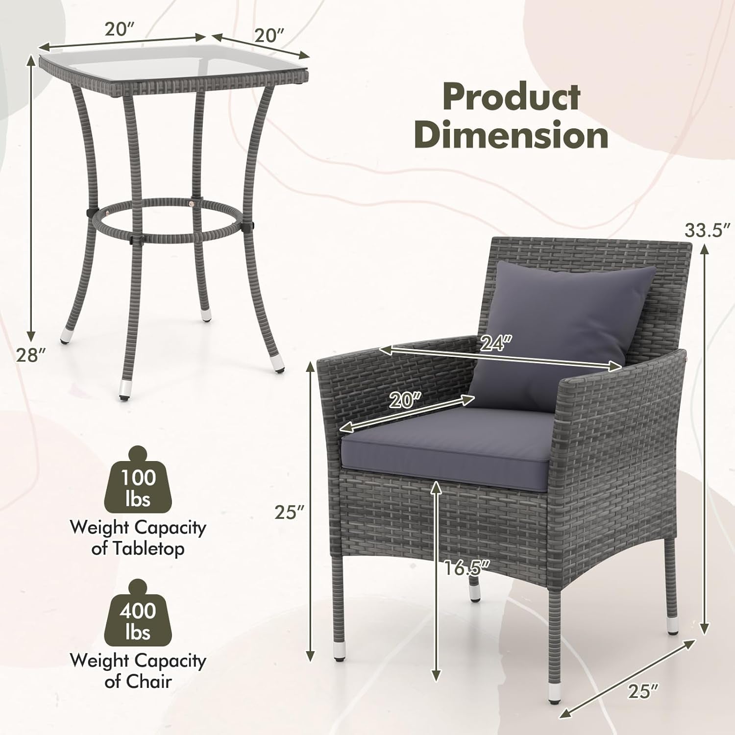 3-Piece Patio Furniture Set, PE Wicker Conversation Bistro Set W/A Tempered Glass Table & 2 Cushioned Chairs, Outdoor Table & Chairs Set for Patio Porch Yard Garden (Mix Gray+Grey)-3