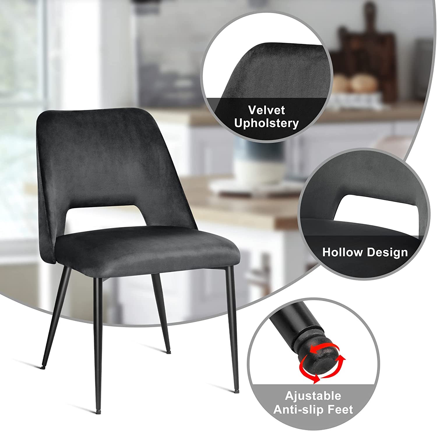 Set of 6 Black Velvet Dining Chairs-4