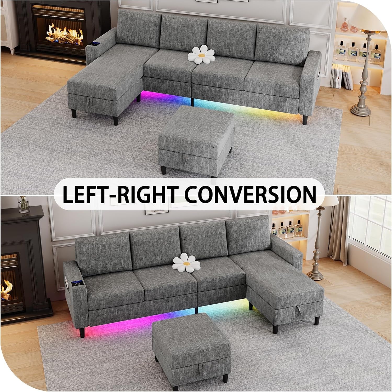 Sectional Couches for Living Room, 4 Seat Linen Sectional Sofa with Reversible Chaise Lounge/Storage Ottoman, U Shaped Couch with Smart Module-Wireless Charging/Usb/Type-C/Rgb Light (Light Grey)-4