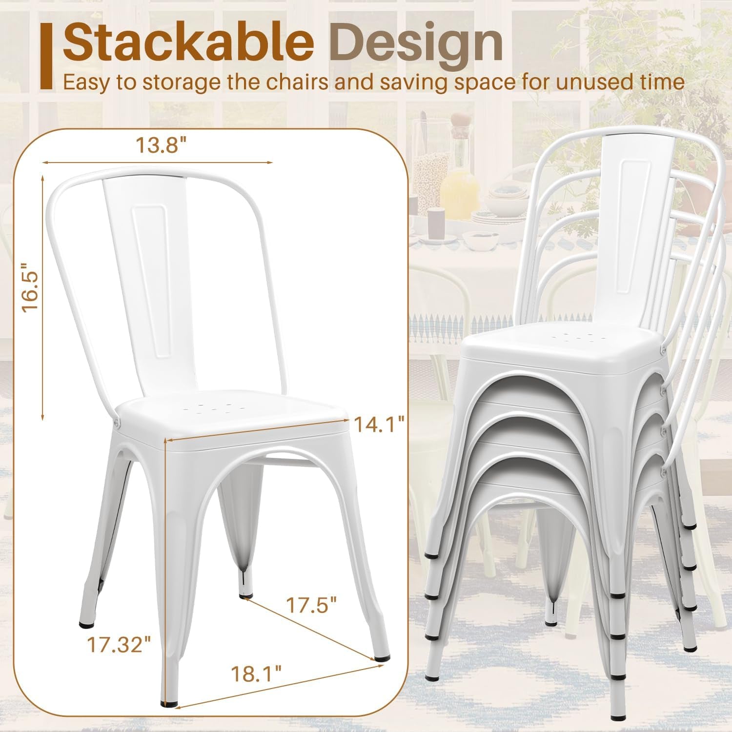 Metal Dining Chair Indoor Outdoor Use Stackable Classic Trattoria Chair Chic Dining Bistro Cafe Side Metal Chairs Set of 4 (Ivory White)-2