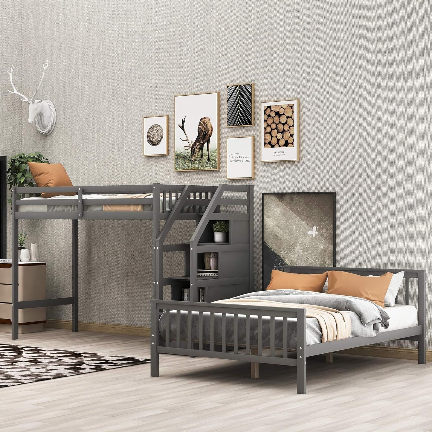 Twin over Full Bunk Bed with Stairs, Solid Wood Bunk Bed with Storage for Kids Teens Adults (Gray)-4