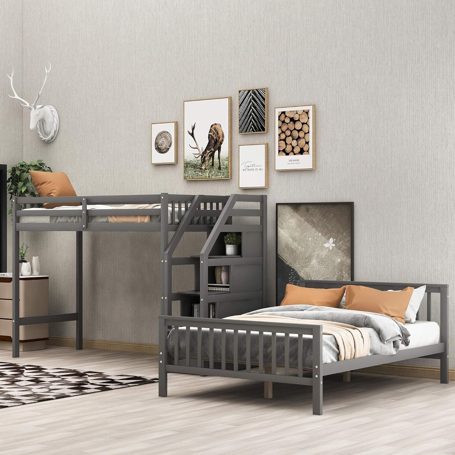 Twin over Full Bunk Bed with Stairs, Solid Wood Bunk Bed with Storage for Kids Teens Adults (Gray)-4