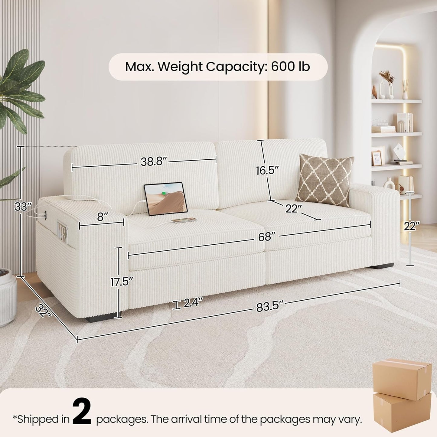 Sofa Modern Sofa Couch 2 Seater Corduroy Fabric Sofa with USB Charging Ports & Side Storage Pockets for Living Room Apartment, Ivory-2