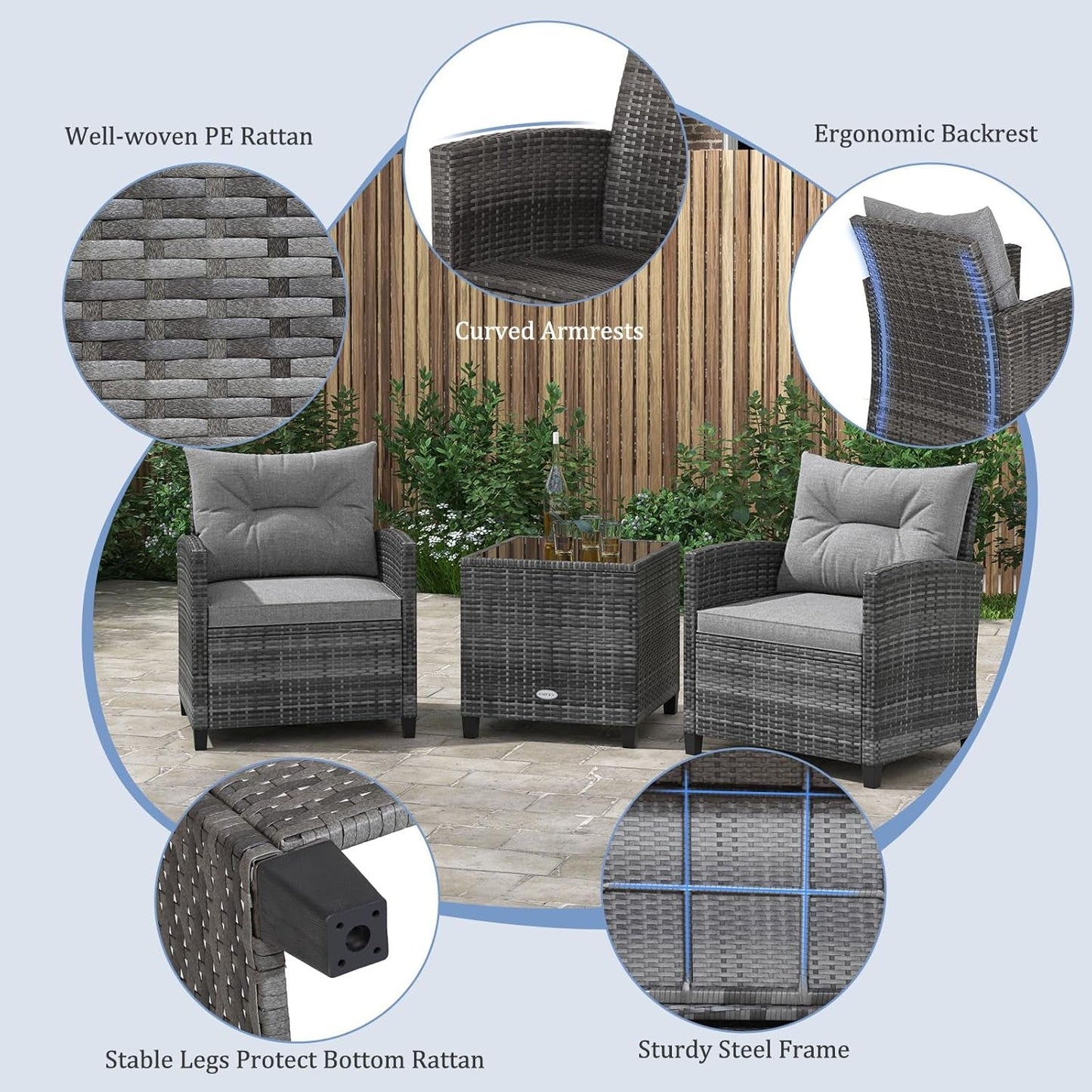 3 Piece Patio Furniture Set, Outdoor PE Rattan Conversation Set with Washable Cushions & Tempered Glass Tabletop, Wicker Chairs and Table Set for Porch, Garden, Balcony (Grey)-2