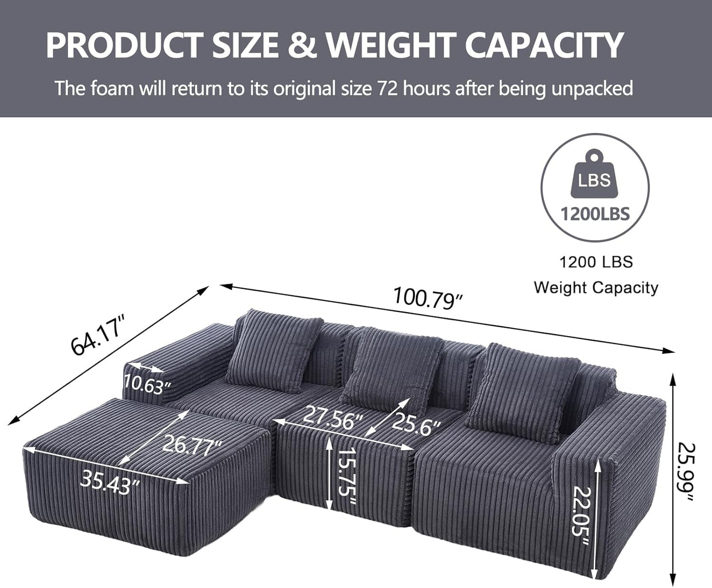 101'' Modular Sectional Sofa, Corduroy Cloud Couch with Ottomans, 3-Seater Convertible L-Shape Sofa with 3 Pillows, Sponge Compression Sofas for Living Room, No Assembly Required, Dark Gray-1