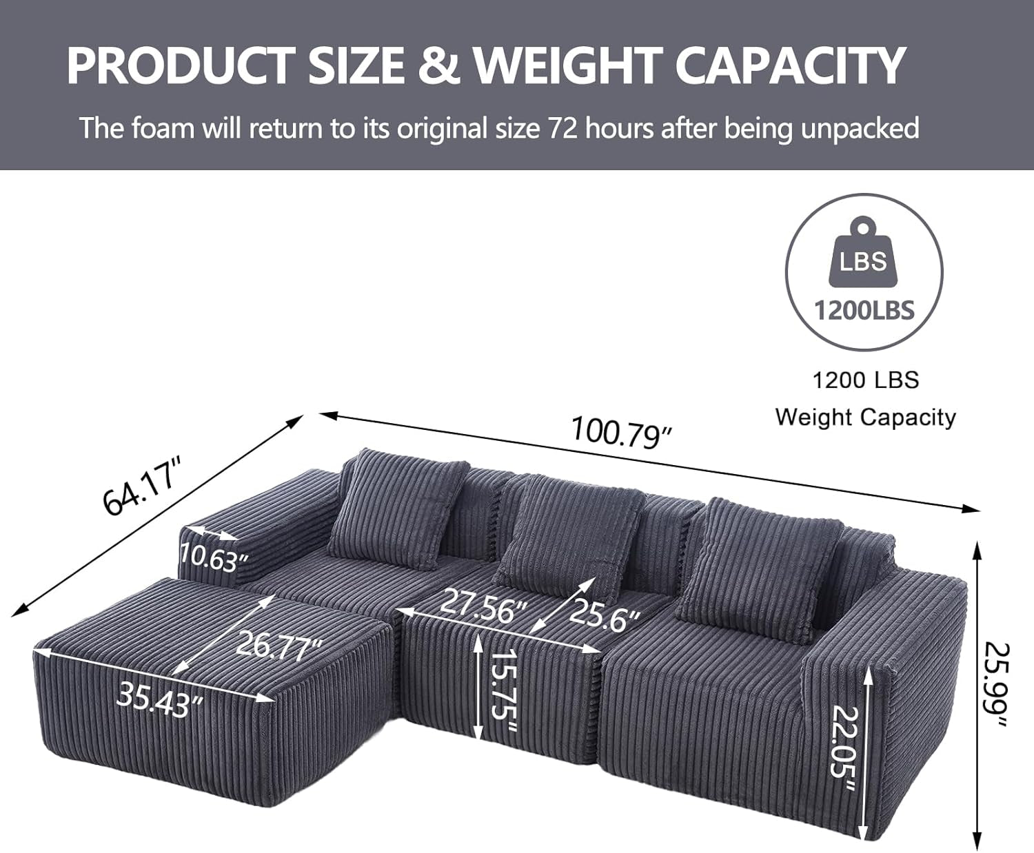 101'' Modular Sectional Sofa, Corduroy Cloud Couch with Ottomans, 3-Seater Convertible L-Shape Sofa with 3 Pillows, Sponge Compression Sofas for Living Room, No Assembly Required, Dark Gray-1