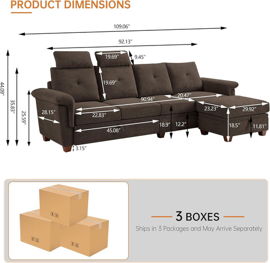 110" Convertible Sectional Sofa with Storage, 4 Seat L Shaped Couch with Ottoman and Cup Holder, Modern Microfiber Fabric Sofas Couches for Living Room-1