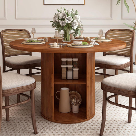 47 Inch round Dining Table for 4, Kitchen Table Dinner Table with 2-Layer Storage Shelf and Wood Slide Door for Home Dining Room Living Room (Walnut)-0