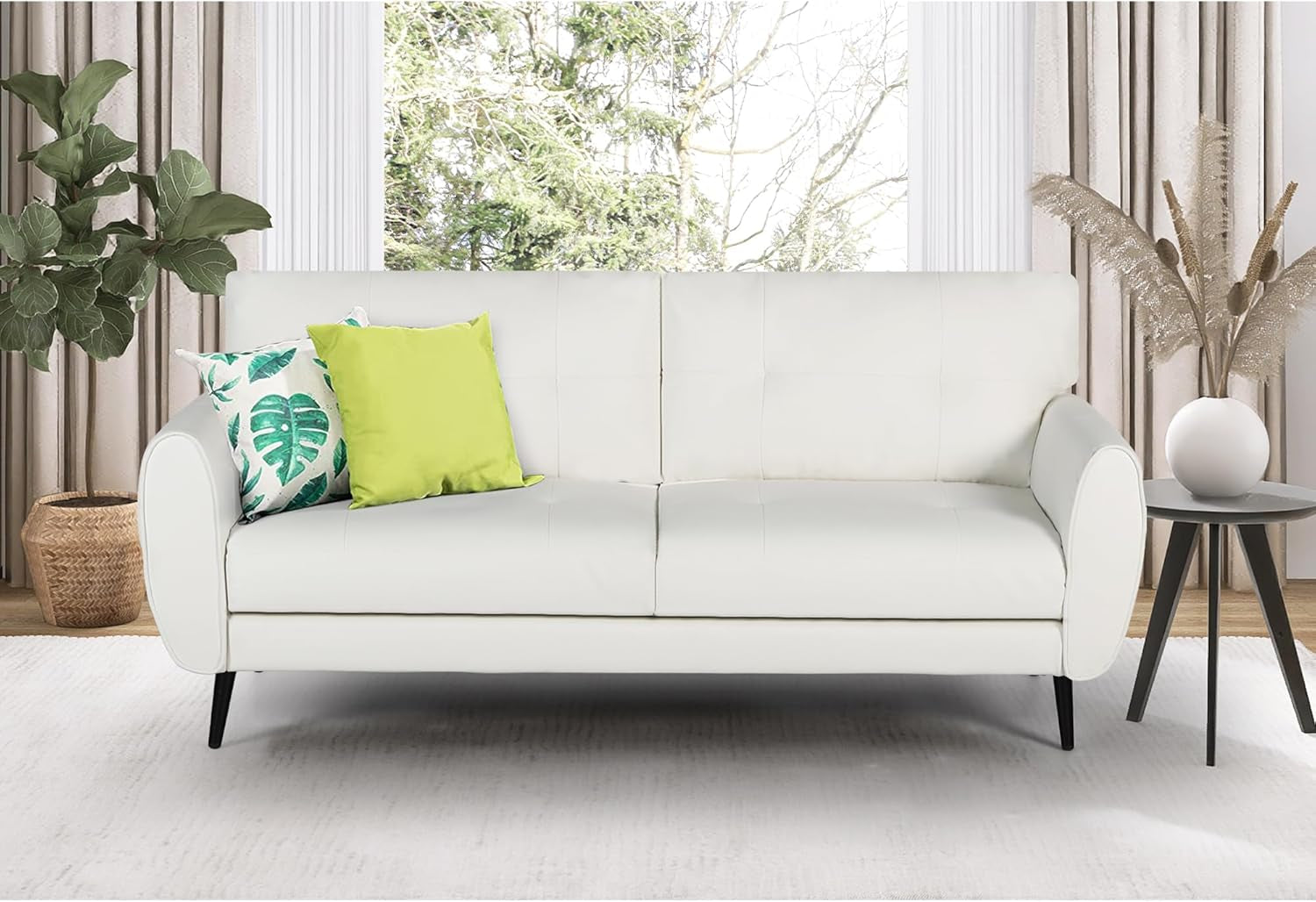 White Leather Loveseat: Mid-Century Modern, Button-Tufted-0