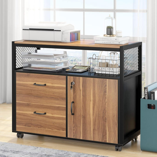 Modern File Cabinet with Drawers for Letter-Size, Lockable Lateral Filing Cabinet Printer Stand with Door& Caster for Home Office.Desk Not Included-0