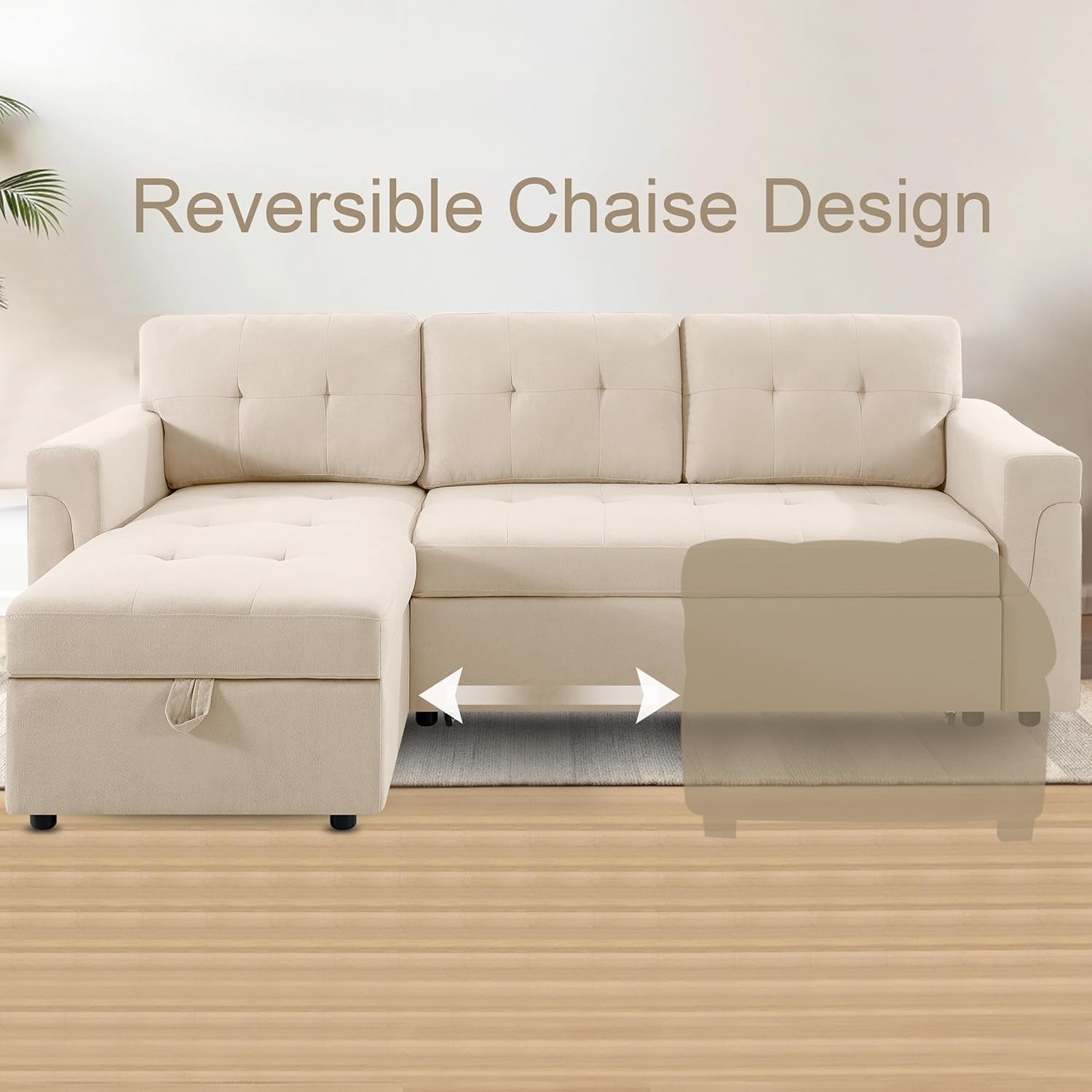 Transform Any Space: Sleeper Sectional Sofa with Convertible Sofa Bed & Inviting Chaise. Find Tranquil Comfort with Stress-Relieving Design & Durable Cushions - Beige/Velvet-3
