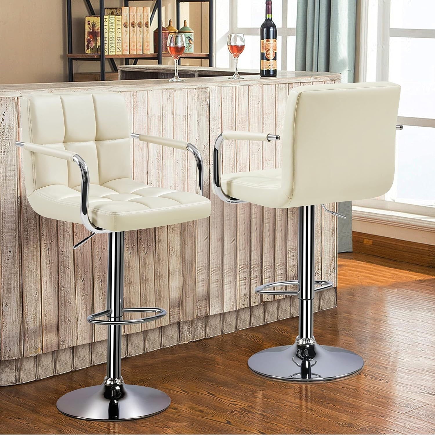 Beige Tall Adjustable Swivel Bar Stools (Set)-3
