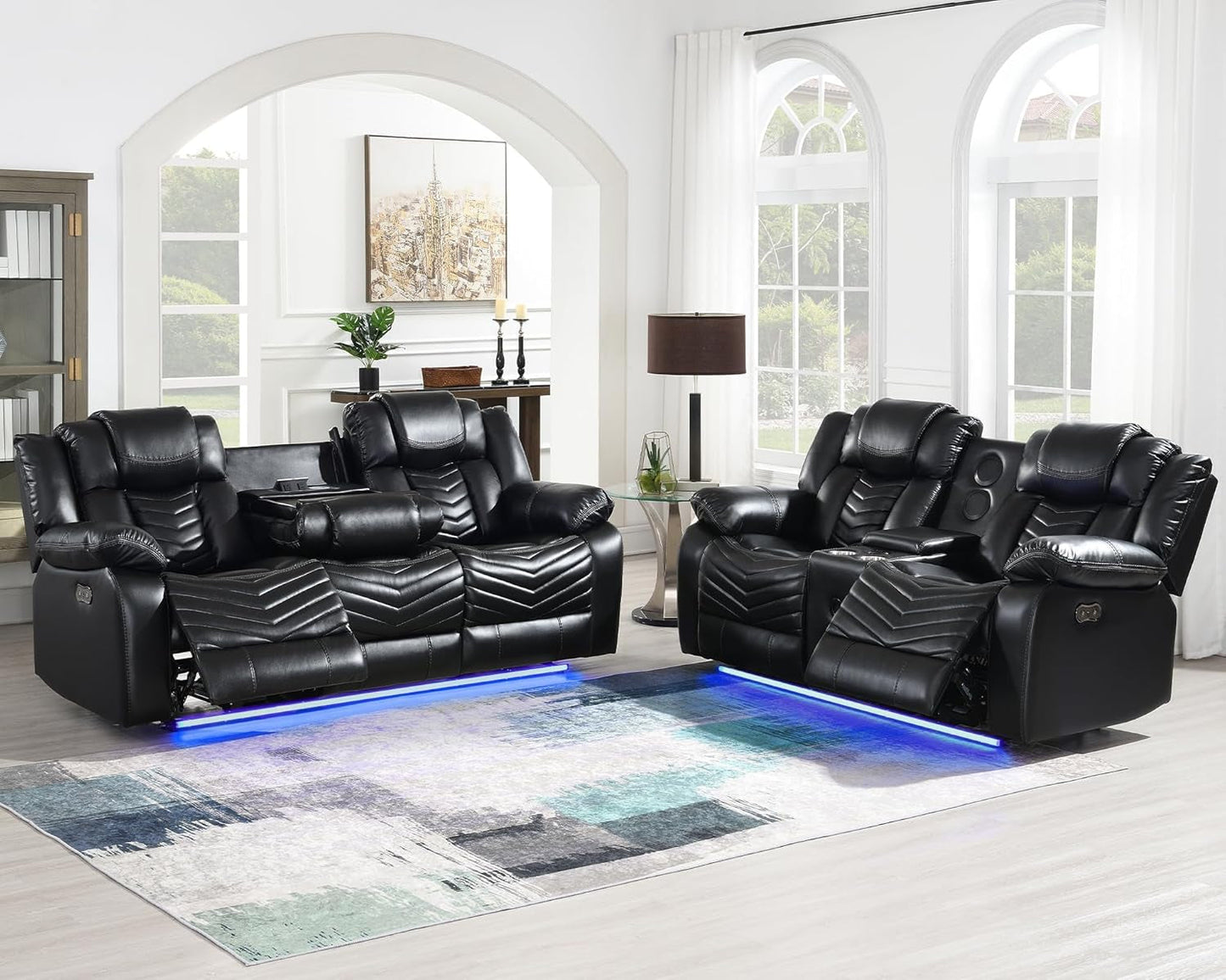 Power Reclining Sofa Set with LED Light,0 Gravity Air Leather Recliner Sofa Set with Bluetooth Speaker,Wireless Charger,Storage Console,Usb Ports,Cup Holders for Living Room/Office(2Pcs,Black)-0