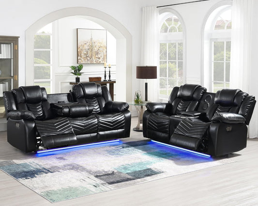 Power Reclining Sofa Set with LED Light,0 Gravity Air Leather Recliner Sofa Set with Bluetooth Speaker,Wireless Charger,Storage Console,Usb Ports,Cup Holders for Living Room/Office(2Pcs,Black)-0