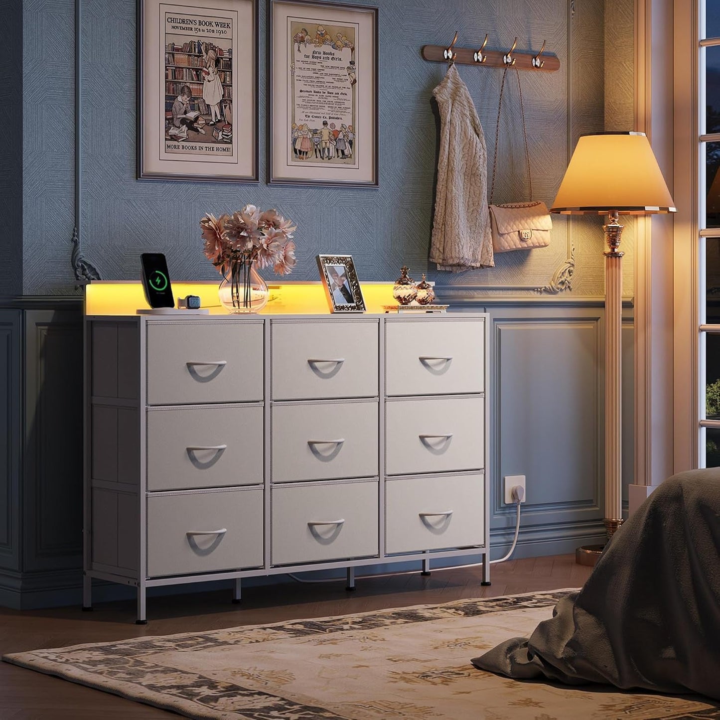 Dresser TV Stand for 55 Inch, Led Dresser for Bedroom, White Dresser for Bedroom with LED Lights and Charging Station, Chest of Drawers, 9 Fabric Dresser Drawers, Wood Top, Living Room, Closet-1