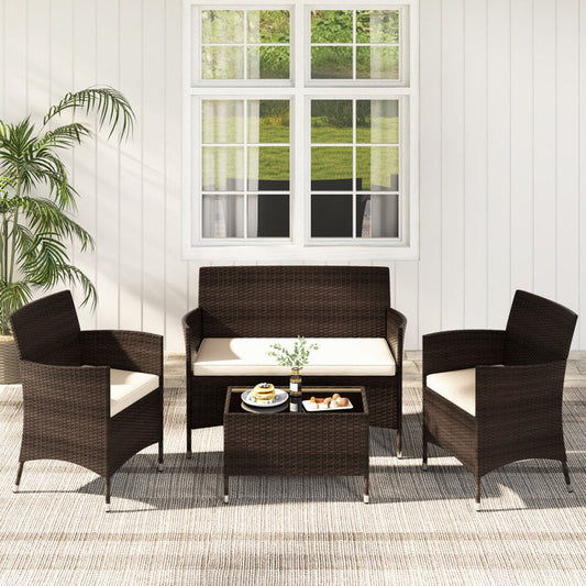 4 Pieces Comfortable Mix Brown Outdoor Rattan Sofa Set with Glass Coffee Table-1