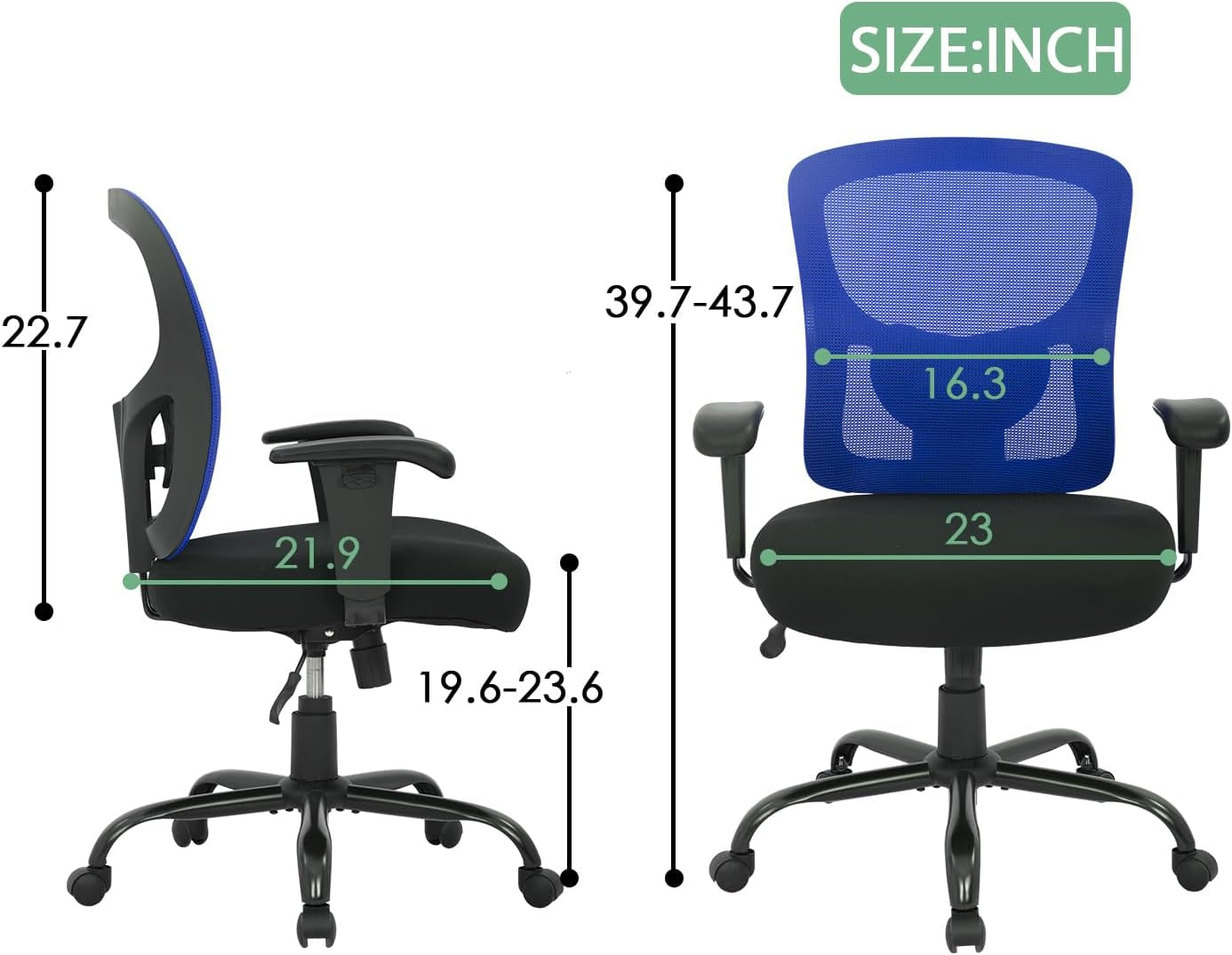 Big and Tall Office Chair 400Lbs Desk Chair Mesh Computer Chair with Lumbar Support Wide Seat Adjust Arms Rolling Swivel High Back Task Executive Ergonomic Chair for Home Office (Blue)-2