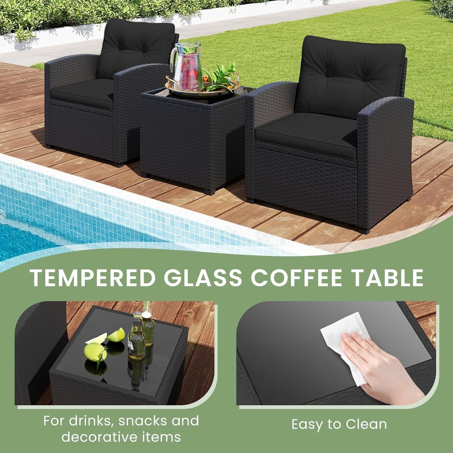 3 Pieces Patio Furniture Set, Wicker Conversation Set Outdoor Chairs with Cushions, Glass Coffee Table, Rattan Bistro Set for Front Porch Balcony Garden Deck Poolside (Black)-3